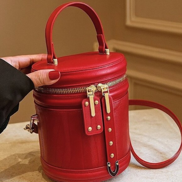 Handbags - Chic Red Cylinder Crossbody Bucket Fun Handbag or Cosmetic Travel Makeup Bag